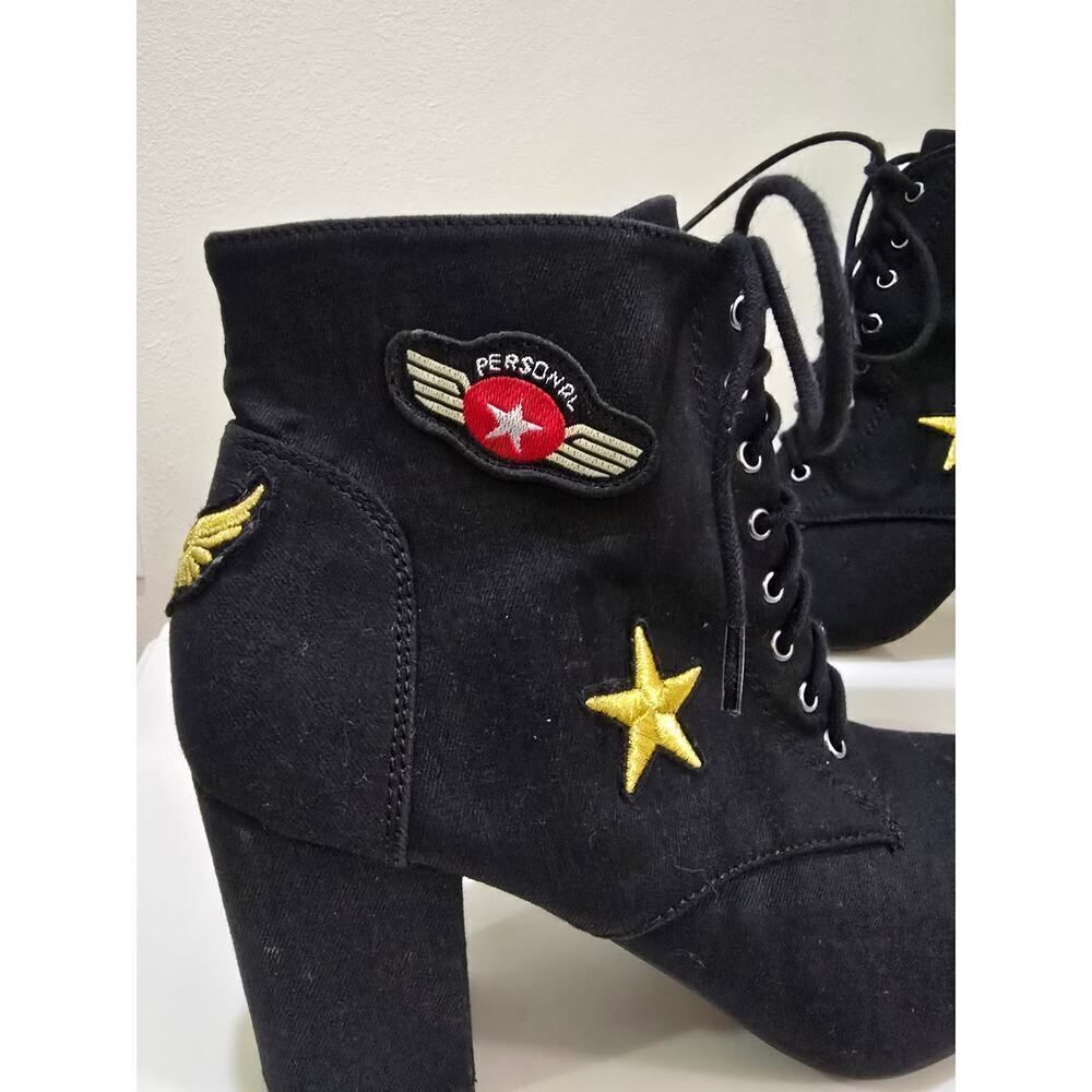 Black Ankle Boots Lace Up Block Heel Star Patch Size 8.5 Women Airforce Grunge - Picture 3 of 8